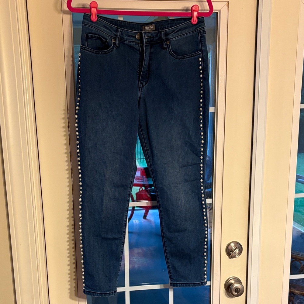 Martha Stewart  Dark Blue Cropped Jeans with Pearl Details